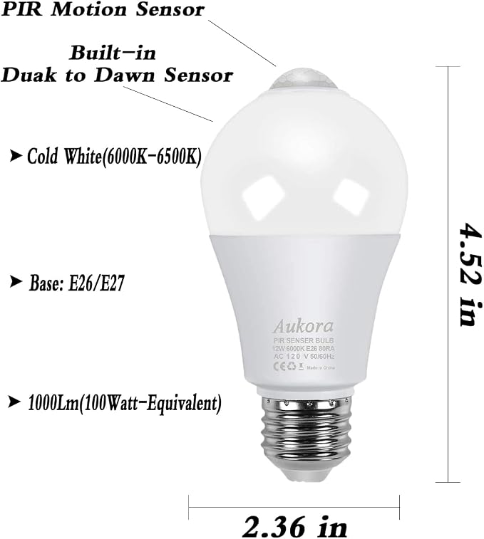 Aukora Motion Sensor Light Bulbs, 12W E26 Motion Activated Dusk to Dawn - Image 2