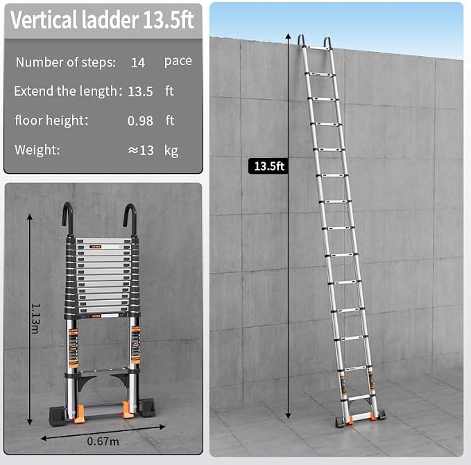 Telescoping Ladder, with Stable Hook and stabilizer barand, 13.5FT Extension - Image 2
