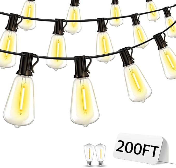 Outdoor Patio String Lights 200ft: ST38 LED Shatterproof Bulbs 3 Modes Button by Vozuji