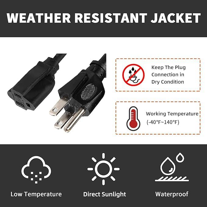 Indoor Outdoor Extension Cord Weatherproof, UL Certified, 12 Gauge 10FT Black 3 - Image 6