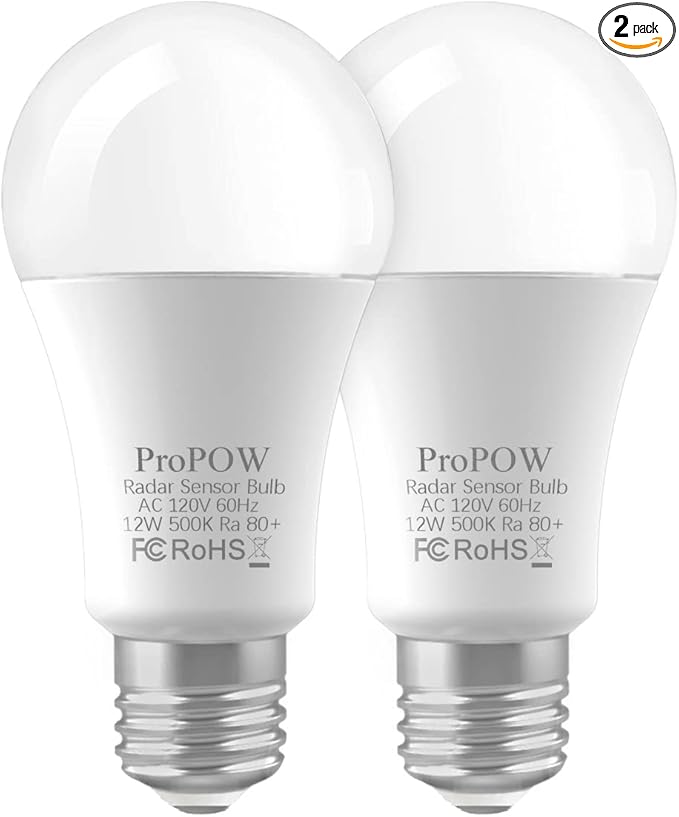 Radar Motion Sensor Light Bulbs, A19 12W Daylight E26 Outdoor Auto on/Off by ProPOW
