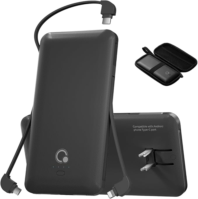 Brand Q Portable Charger with Built-in Cables and AC Wall Plug, Slim USB C by BrandQ
