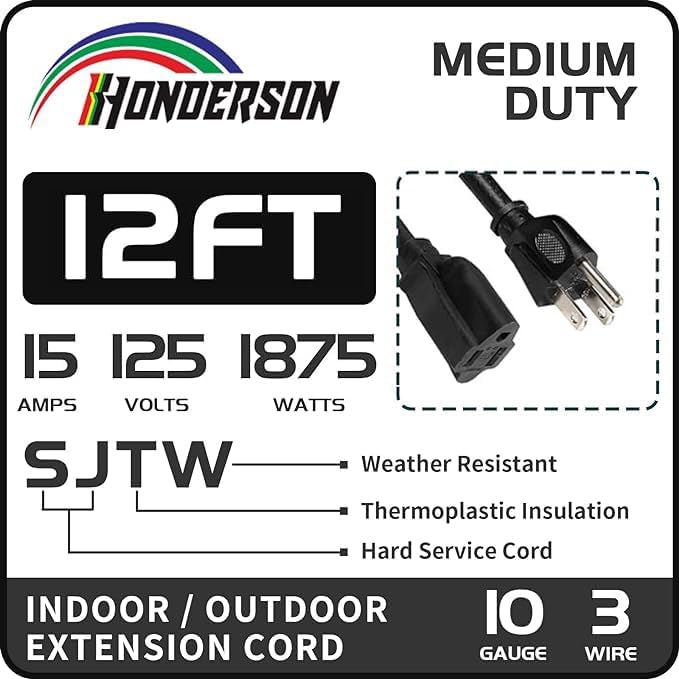 Indoor Outdoor Extension Cord Weatherproof, UL Certified, 10 Gauge 12FT Black 3 - Image 2