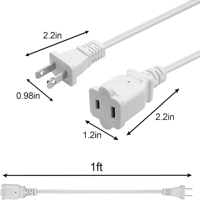 Short Extension Cord 1 FT, 2 Prong White, Mini Extension Cord US Male/Female - Image 4