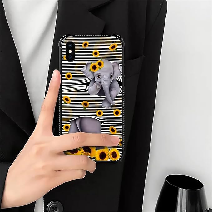 for iPhone X/Xs Case, Cute Little Elephant Sunflower White Line Art Pattern - Image 7