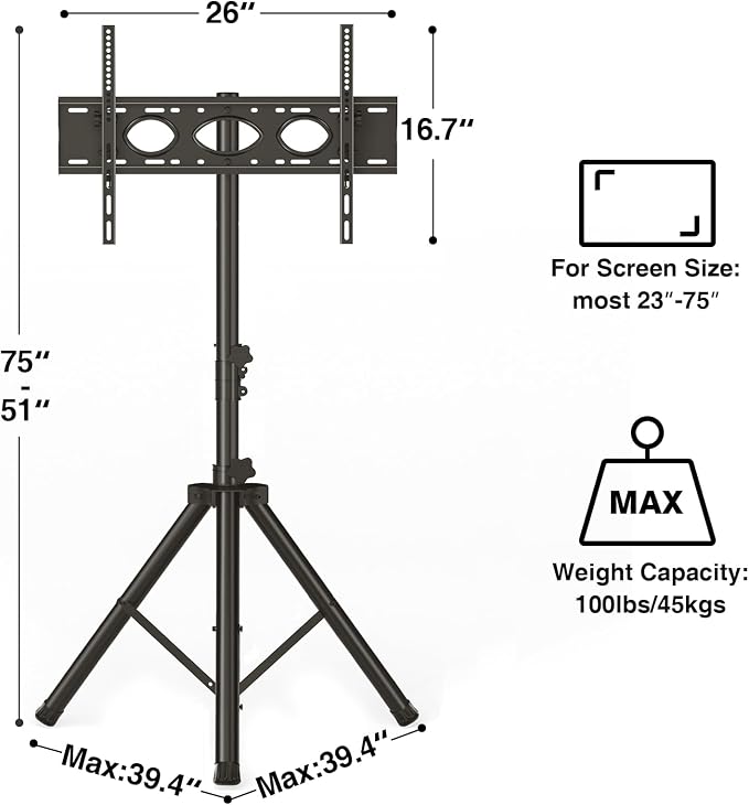 Tripod TV Stand for 23-75 inch Flat Screen/Curved TVs up to 100 lbs, Outdoor TV - Image 9