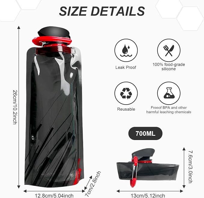 4 Pack 700 ml Collapsible Water Bottle, Portable Leakproof Bag - Image 2
