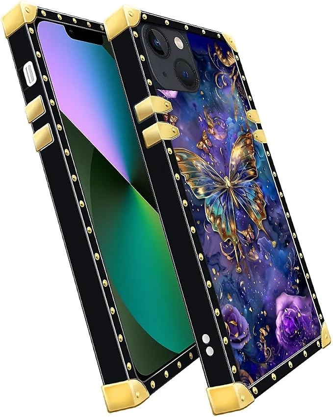 Compatible with iPhone 13 Case, Glistening Golden Butterfly Vibrant Purple Blue - Image 3