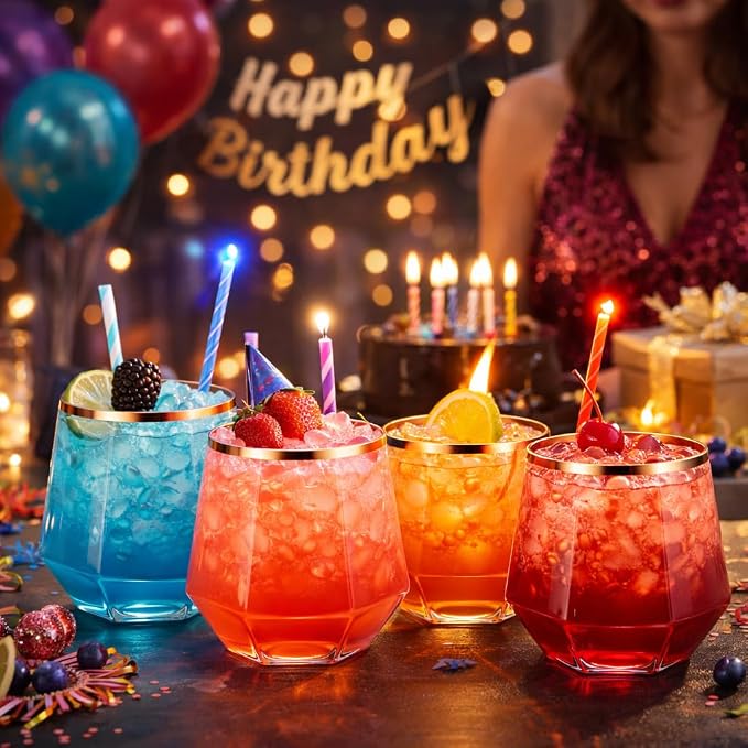 Oojami 40 Pack Diamond Stemless Plastic Wine Glasses Rose Gold Rim, 12 oz - Image 8