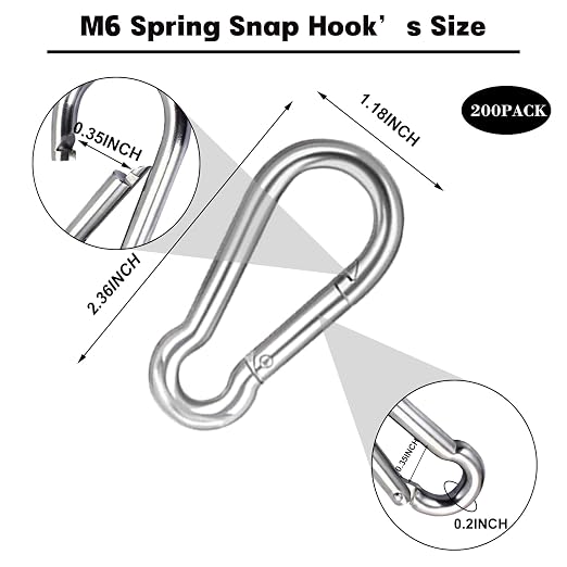 200PCS 2.36'' Spring Snap Hook, M6 1/4Inch Galvanized Silver Steel Carabiner - Image 2
