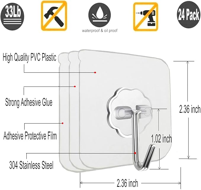 Jwxstore 12 Pack Heavy Duty Self Adhesive Hooks - 33lb Max - Image 2