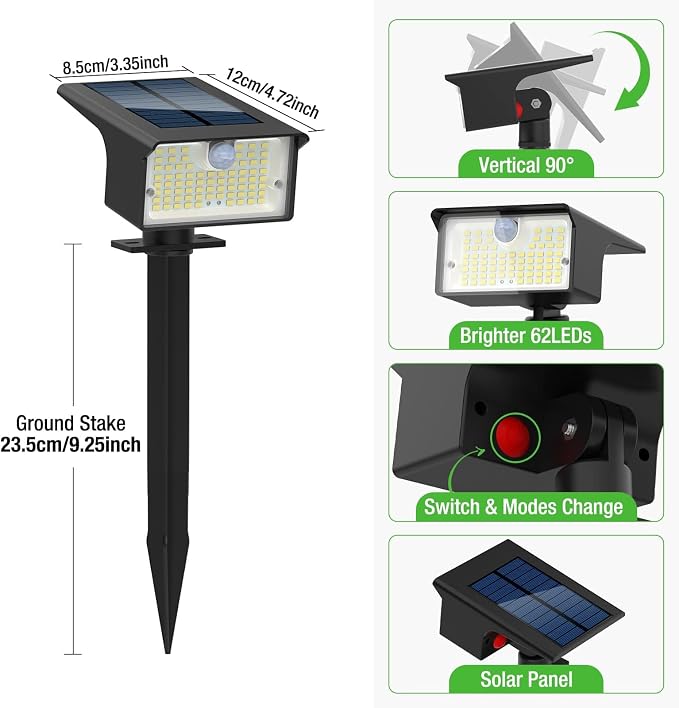 Nipify Solar Spot Lights, 3 Modes 62LED Outdoor Motion Sensor, Waterproof - Image 7