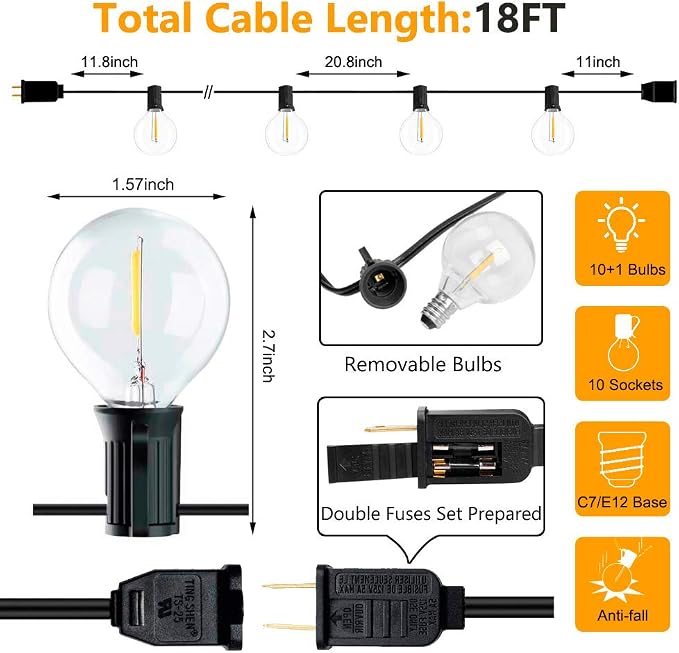 18Ft Outdoor Patio String Lights, UL Listed Commercial Light String - Image 2