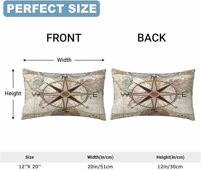 Nautical Compass Throw Pillow Covers 12 X 20 Historical World Map Earth - Image 2