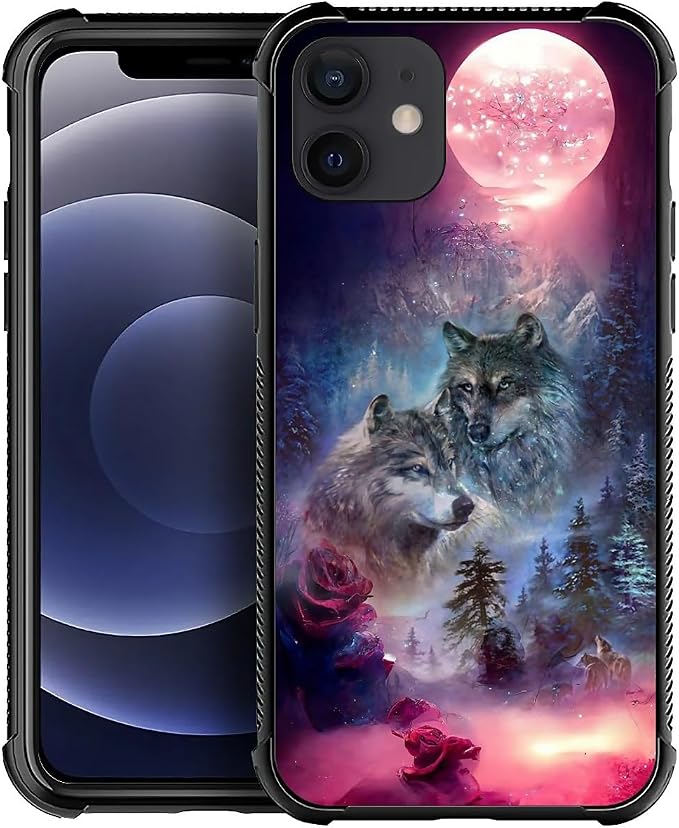 for iPhone 12 Mini Case, Star Two Wolfs Howling Pattern Graphic Design Girl Boy by FKBRCL4U