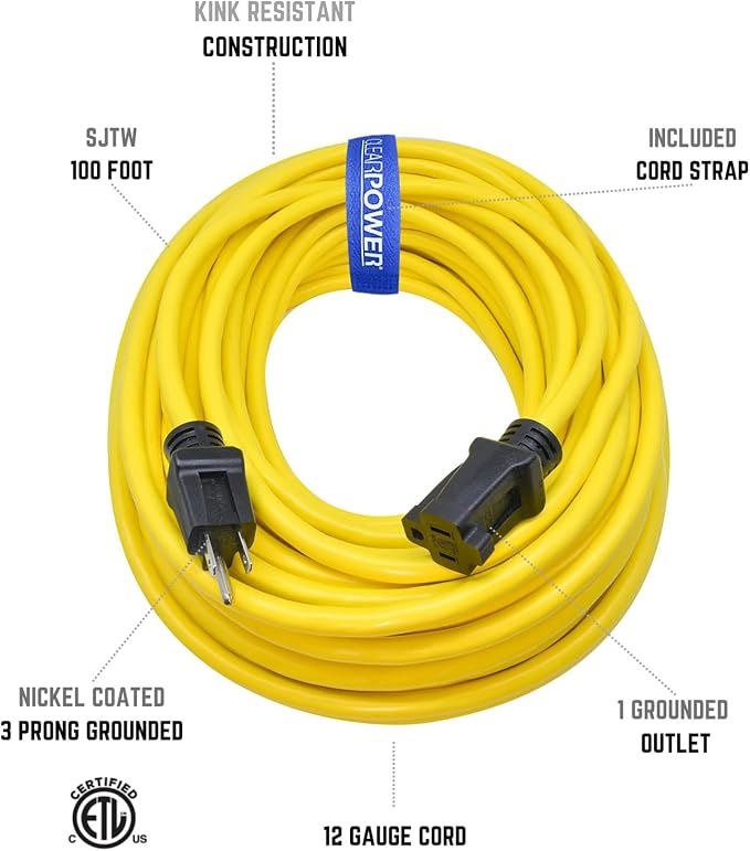 Clear Power 100 ft 12/3 SJTW Heavy Duty Outdoor Extension Cord, Water & Weather - Image 2