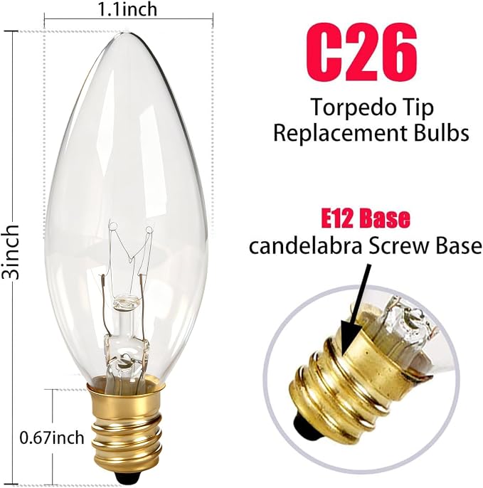 25 Pack Candle Light Bulbs, Crystal Clear Torpedo Tip Candelabra Replacement - Image 2