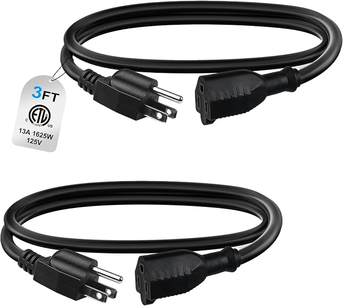 BN-LINK 3ft Indoor Outdoor Extension Cord 16/3 SJTW, 2 Pack, PVC Cable Jacket by BN-LINK