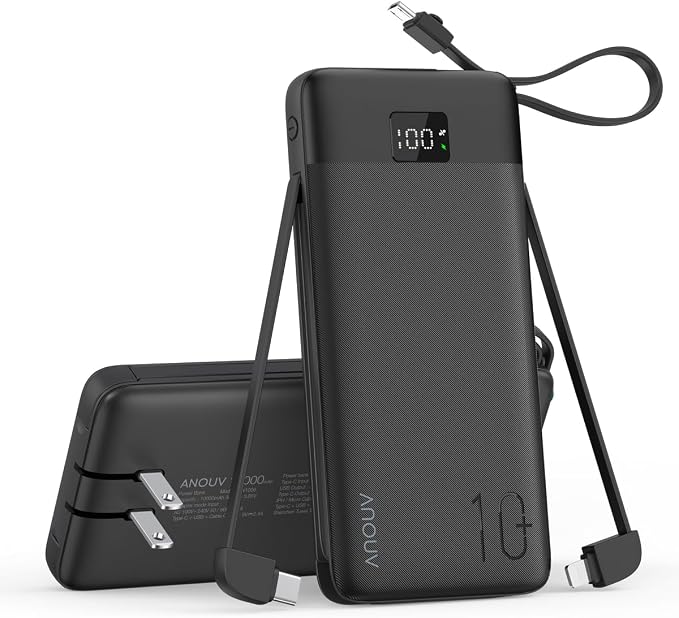Portable Charger Built-in Cables and AC Wall Plug, 10000mAh 22.5W PD Fast by ANOUV