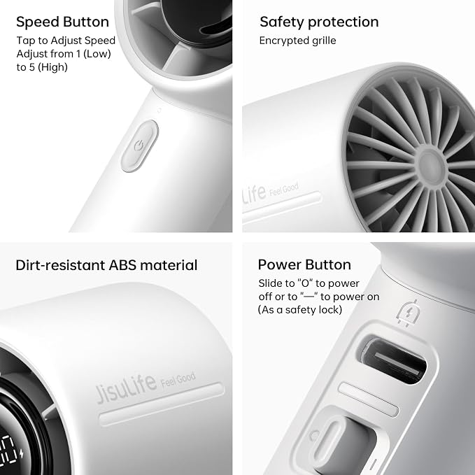 JISULIFE Handheld Turbo Fan, 5000mAh Rechargeable Portable Fan, 5-Speed - Image 7