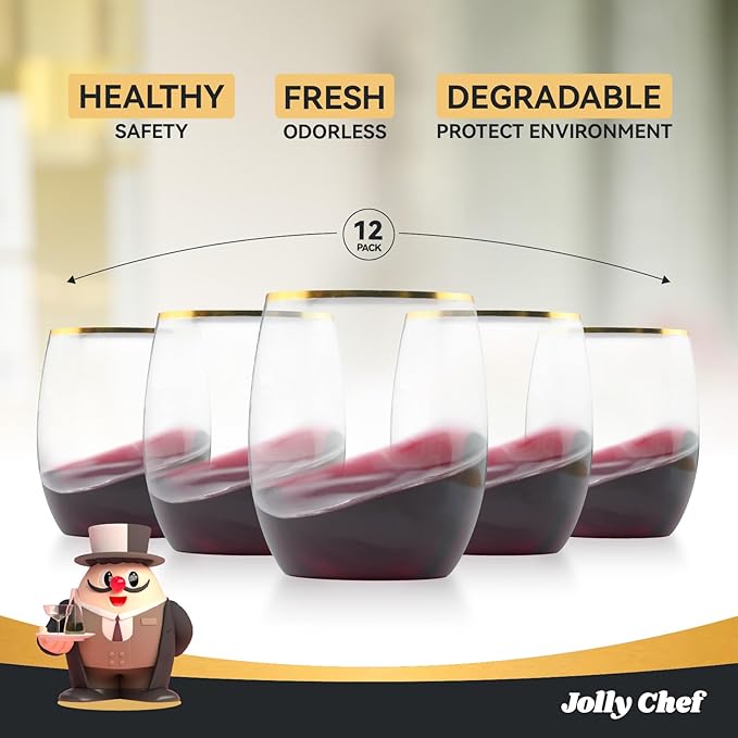 JOLLY CHEF 32 Pack 12oz Gold Plastic Wine Glasses Stemless, Disposable Wine - Image 5