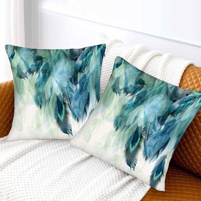 Peacock Feather 18 X 18 Pillow Covers Watercolor Gradient Blue Soft Halo Green - Image 2