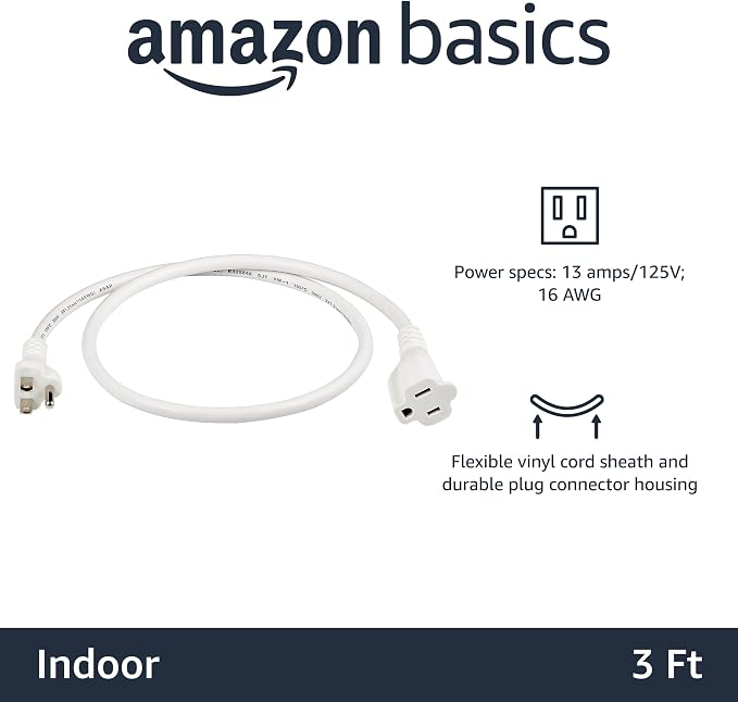 Amazon Basics Extension Cord, 3 Ft, 3-Prong Outlet Extender, Indoor Use - Image 2