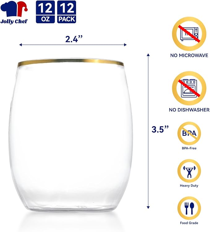 JOLLY CHEF 12 Pack 12oz Gold Plastic Wine Glasses Stemless, Unbreakable - Image 2