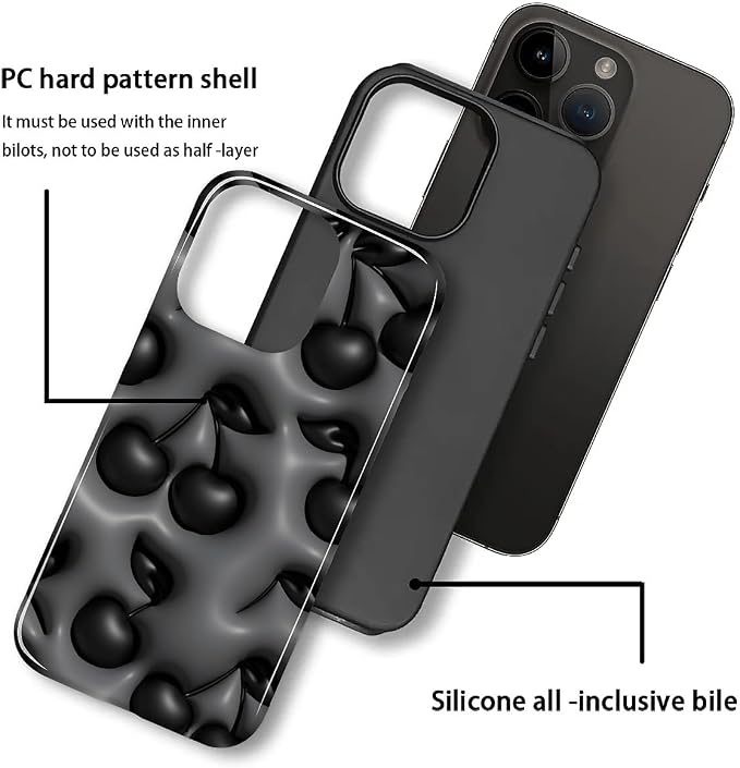 for iPhone 12/12Pro Case, HL2 Cute Cool Cherry Black Hybrid 2 Layer Hard Shell - Image 3