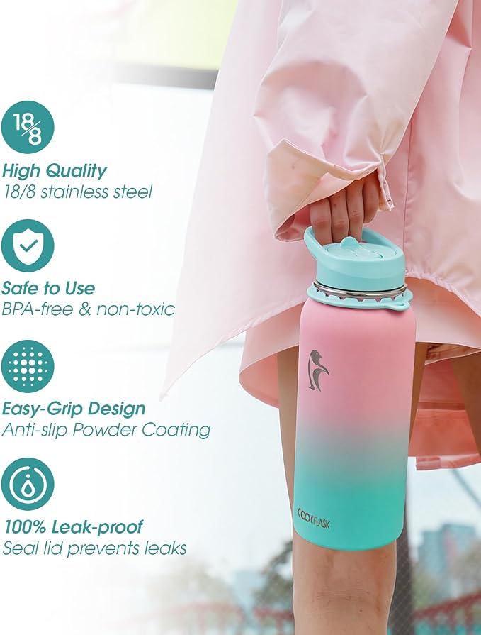 Coolflask Water Bottle with Straw, 32 oz Insulated Metal Water Flask with Straw - Image 5