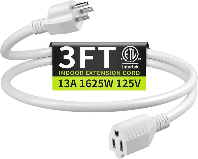 16/3 White Extension Cord 3 FT, Indoor Extension Cord by Seeklyze