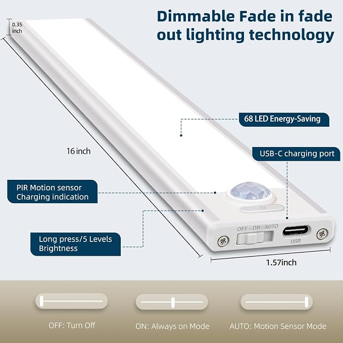 16inch Under Cabinet Lighting, 4 Pack Rechargeable Motion Sensor Light Indoor - Image 7