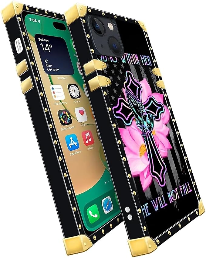 Compatible with iPhone 14 Case, Praying Cross Hands Luxury Golden Decoration - Image 3