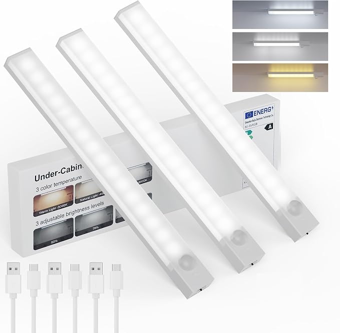 Under Cabinet Lights 8 Inch 3-Pack, Rechargeable Battery Operated Motion Sensor by Unknown