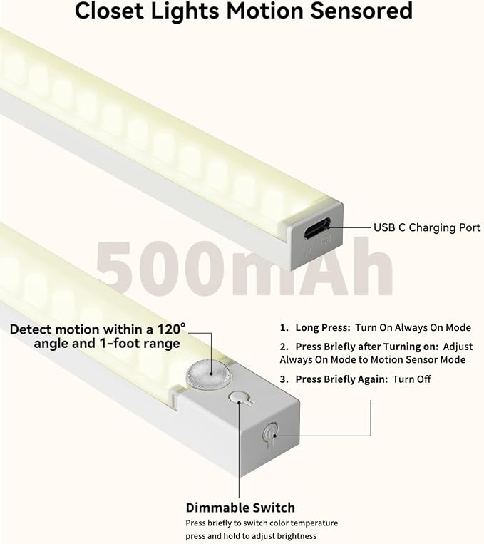 Rechargeable Under Cabinet Lighting 12 Inch 6-Pack, Motion Sensor Light Indoor - Image 8