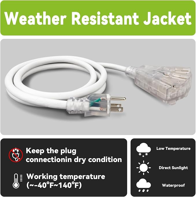 EP 30FT 12 Gauge Heavy Duty Extension Cord, 15A 125V 1875W, 3 Outlet - Image 5