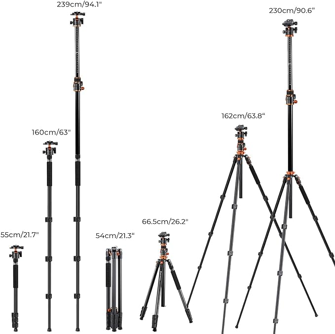 K&F CONCEPT 90''/230cm Ultra High Camera Tripod, Horizontal Overhead Shooting - Image 6