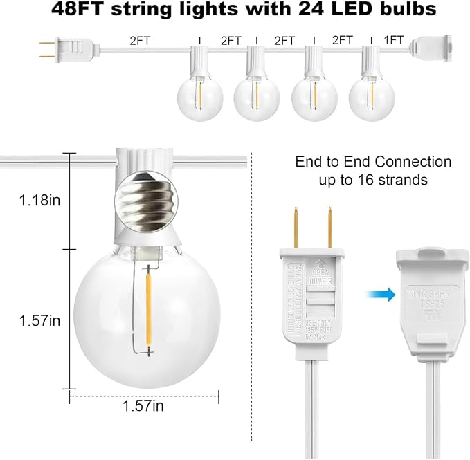 SUNTHIN White Outdoor String Lights, 48FT White Patio Lights - Image 2