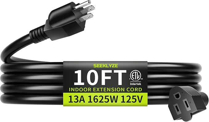16/3 Black Extension Cord 10 FT, Indoor Extension Cord by Seeklyze