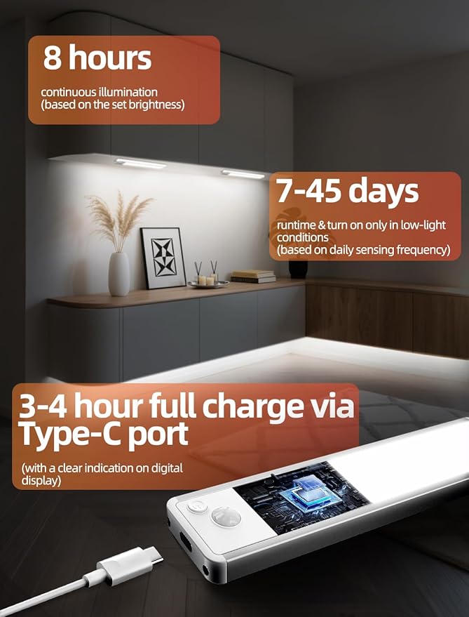 Under Cabinet Lighting: 8 Inch 3-Color Dimmable Rechargeable Motion Sensor - Image 4