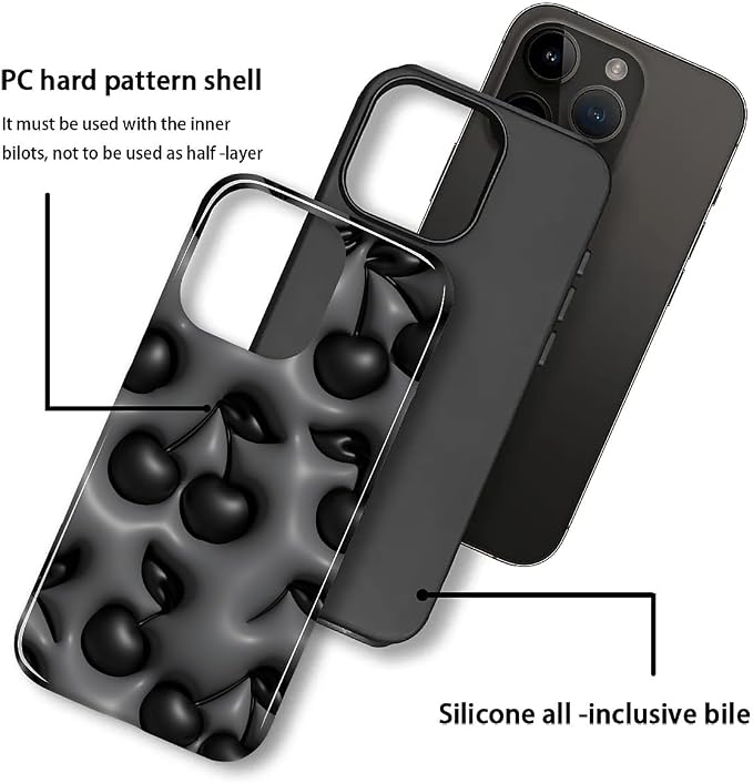 for iPhone 14 Pro Max Case, HL2 Cute Cool Cherry Black Hybrid 2 Layer Hard - Image 3