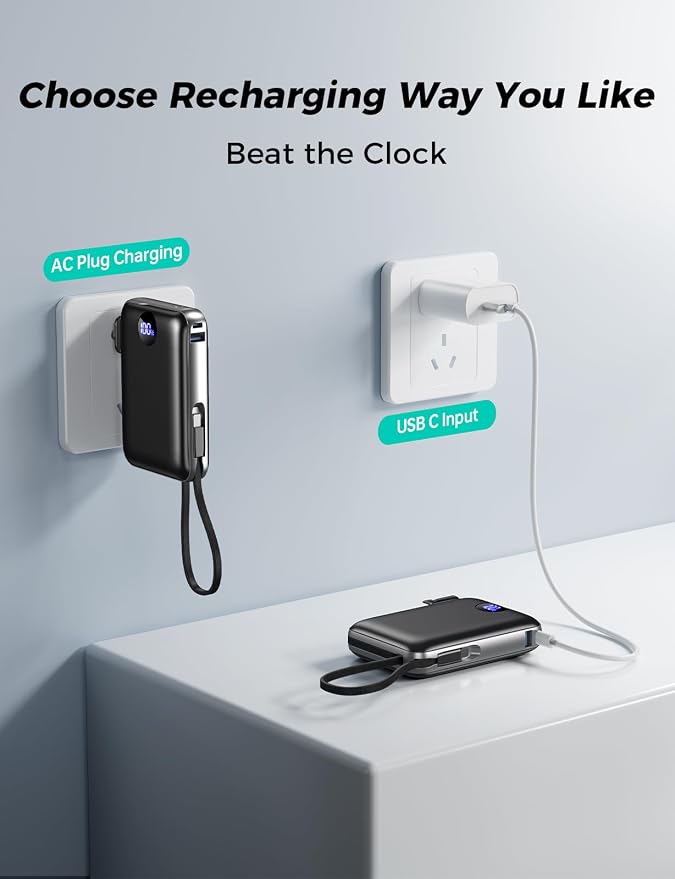 Portable Charger with Built-in Cables & Wall Plug, 10000mAh Power Bank - Image 6