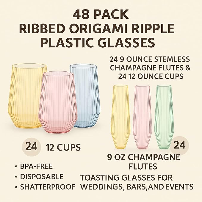 Oojami 48 Pack Ribbed Origami Ripple Plastic Glasses, 24 Stemless 9oz Champagne - Image 5