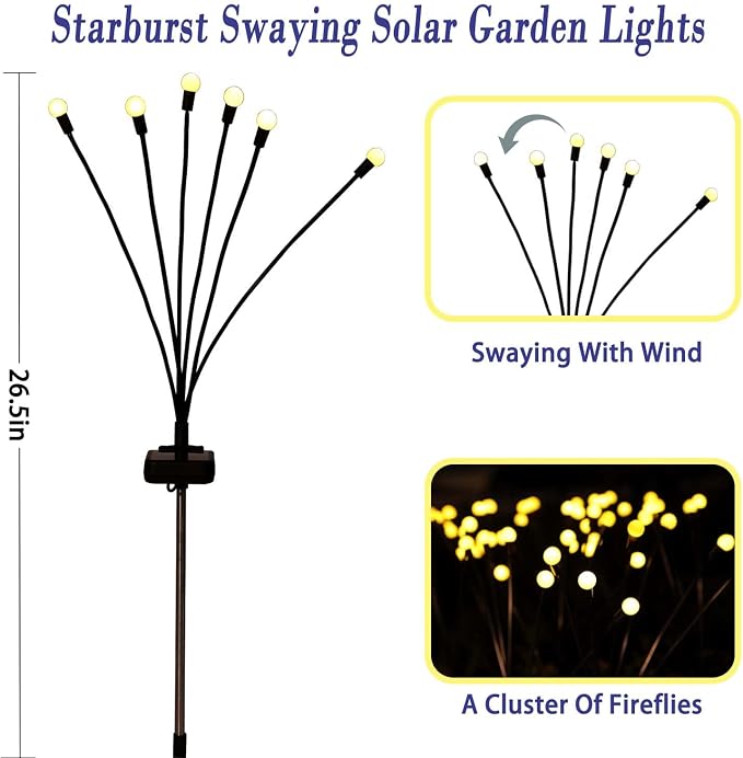 ZFNN Solar Garden Lights Outdoor, 4 Pack Firefly Swaying Lights, Waterproof - Image 6