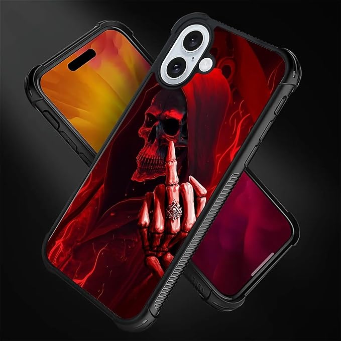 for iPhone 16 Case, Gestures Funny Skull Pattern Graphic Design Girl Boy Soft - Image 4