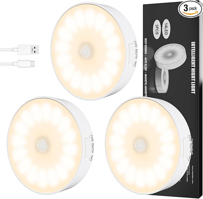 3 Pack Motion Sensor Light Indoor, Upgraded 14 LEDs Night Light USB Rechargeable by Electight