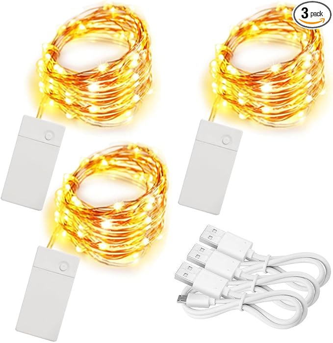 3 Pack Rechargeable Fairy Lights 10ft 30 LED, 4 Modes Battery Copper Wire by Unknown