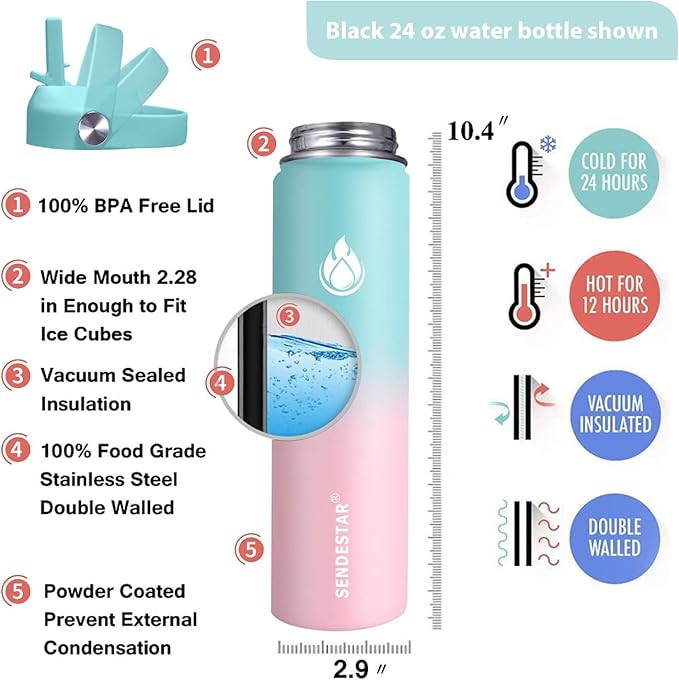 SENDESTAR Stainless Steel Wide Mouth Water Bottle 24oz Double Wall Vacuum - Image 4