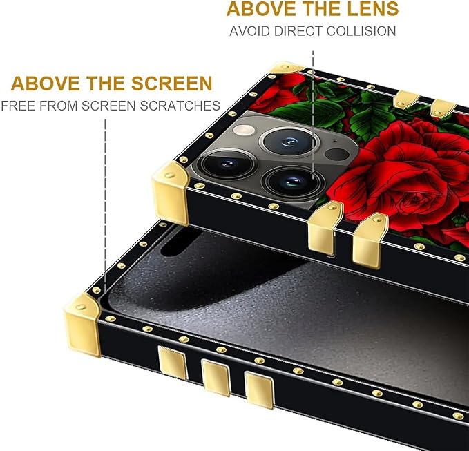Compatible with iPhone 16 Pro Case, Vector Red Rose Green Leaf Luxury Golden - Image 6