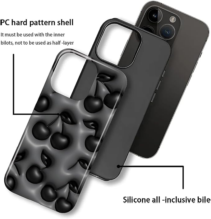 for iPhone 16 Pro Case, HL2 Cute Cool Cherry Black Hybrid 2 Layer Hard Shell - Image 3